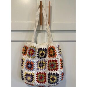 Hand Knit Crochet Granny Square Tote Bag Multi Color Boho Shoulder Bag Bu masal